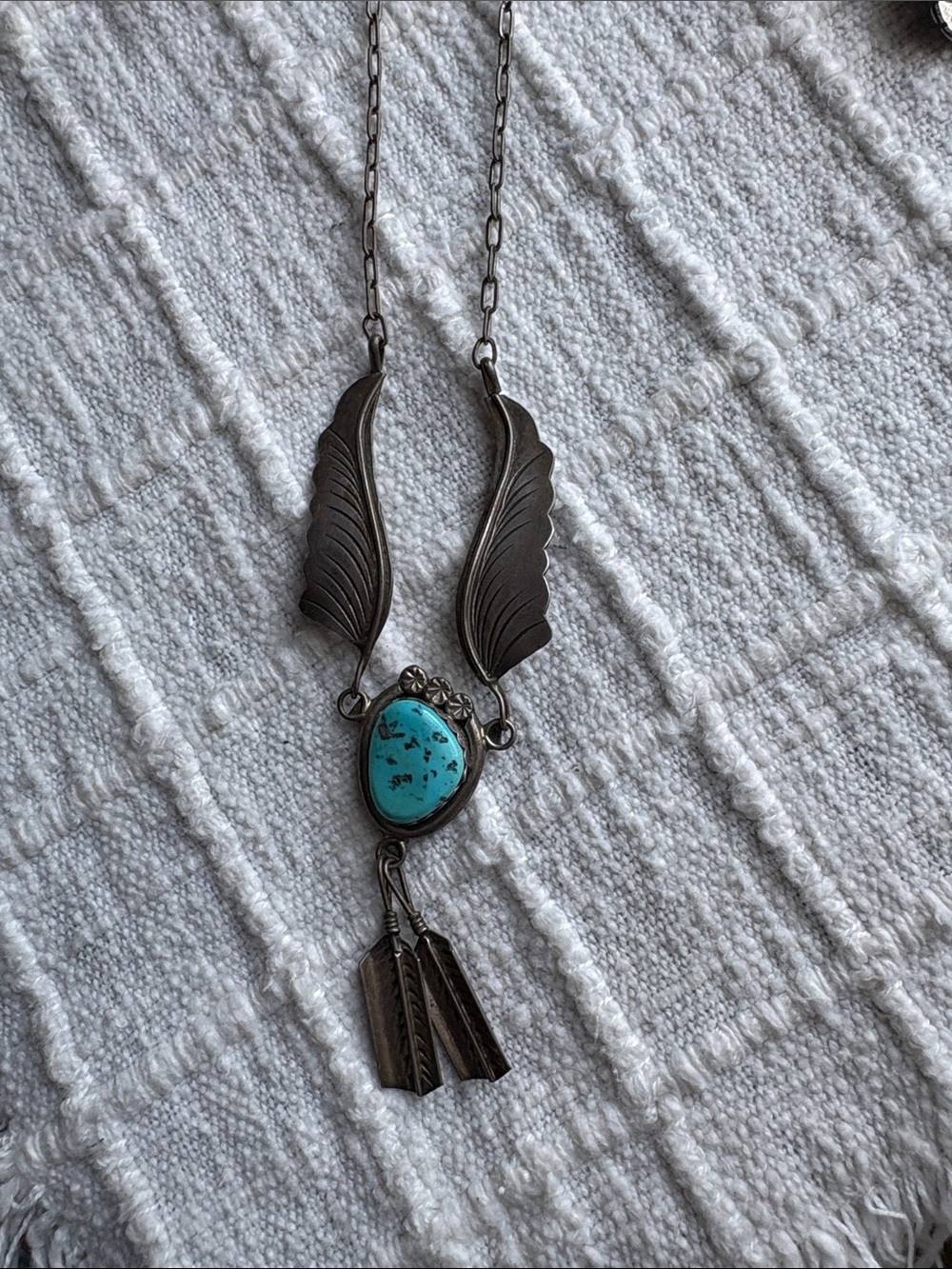 Old pawn Turquoise Pendant Feather Necklace - signed sterlingSilver - Picture 2 of 5